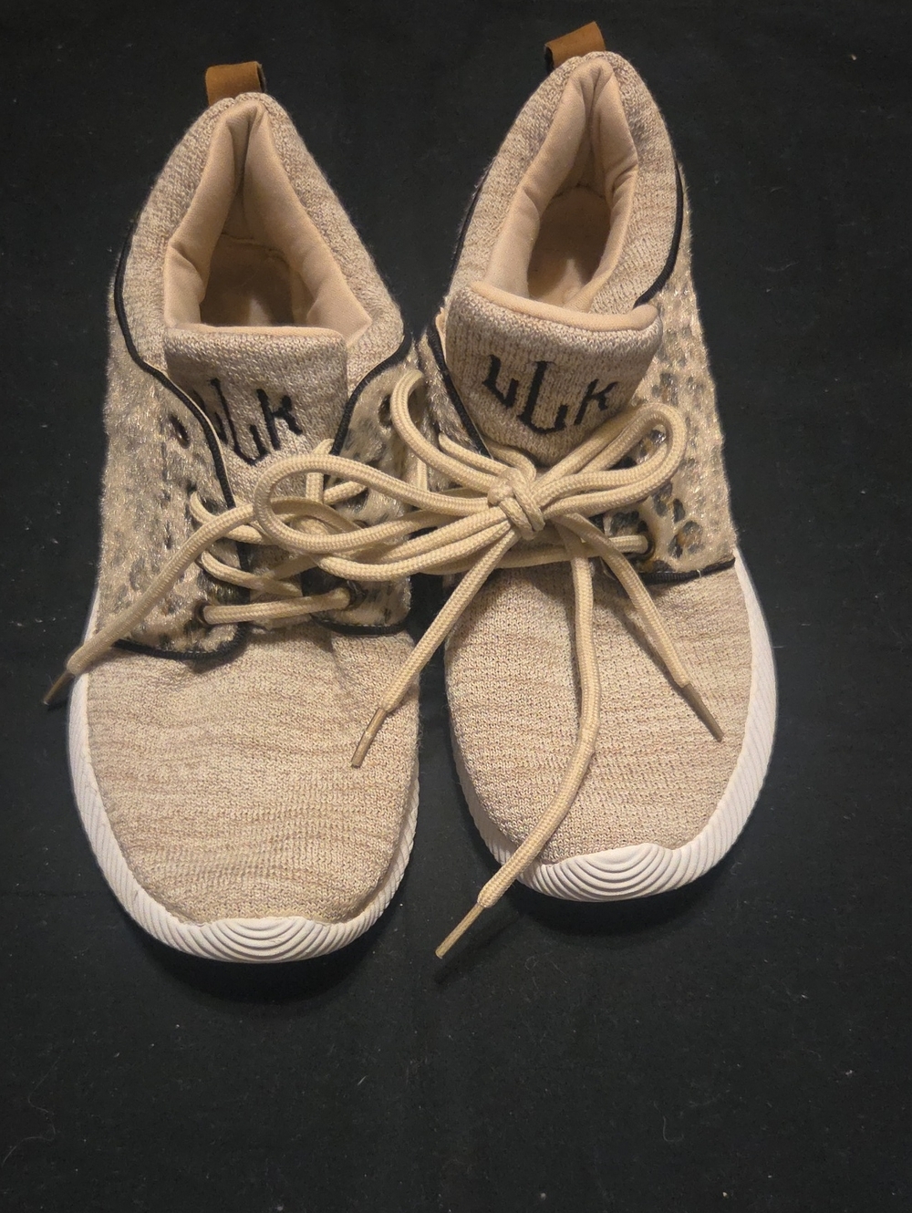 Beige Knit Lace-Up Sneakers with Leopard Accent